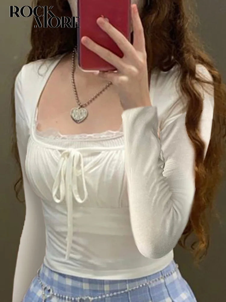 Rockmore Lace Stitching Kawaii T-Shirts Long Sleeve Spring Autumn Women Slim Casual Square Collar Basic Bottoming Pullover Tops