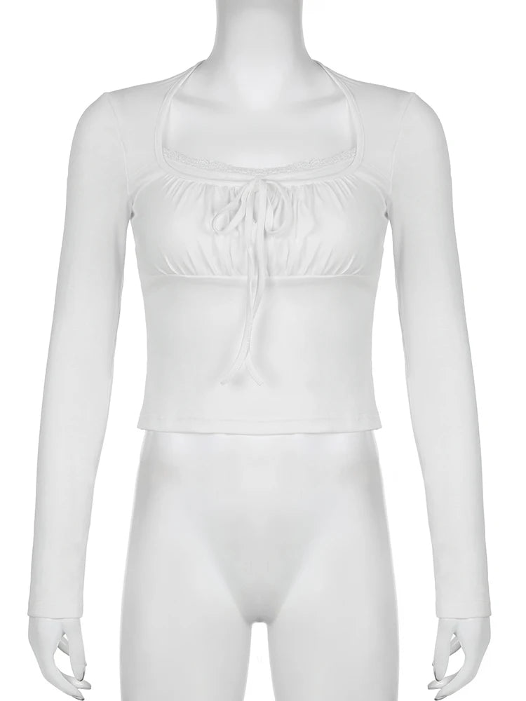 Rockmore Lace Stitching Kawaii T-Shirts Long Sleeve Spring Autumn Women Slim Casual Square Collar Basic Bottoming Pullover Tops