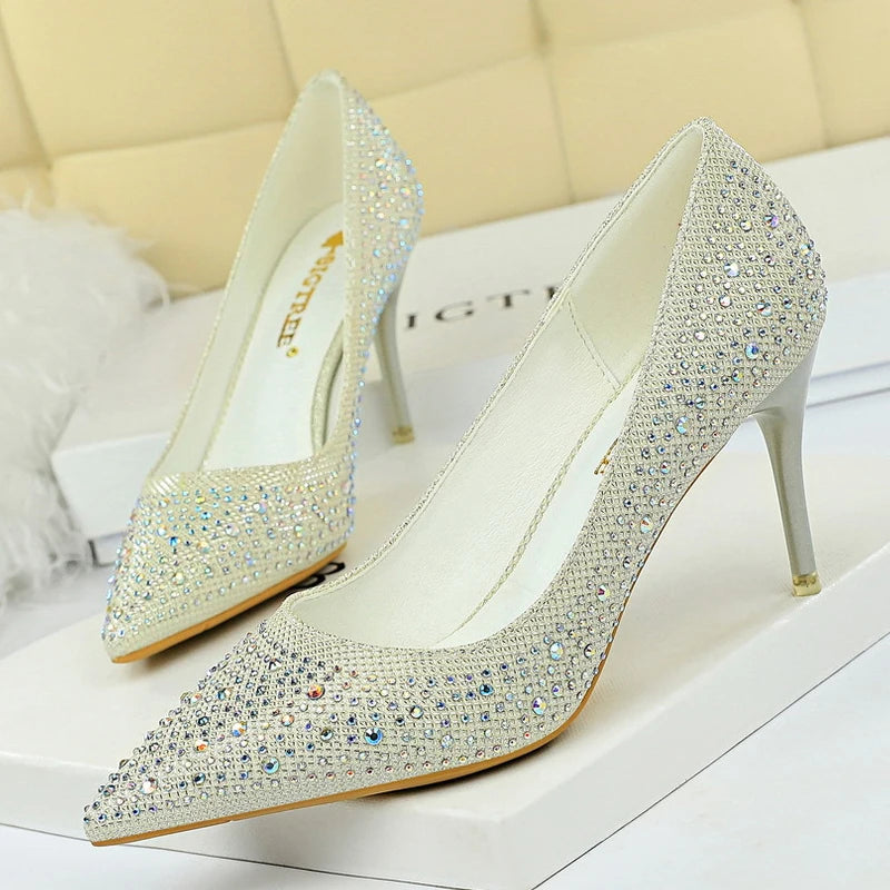 BIGTREE Shoes Rhinestone Woman Pumps Fashion Wedding Shoes Women Basic Pump Stiletto Heels 10cm 7cm Heeled Shoes High Heels