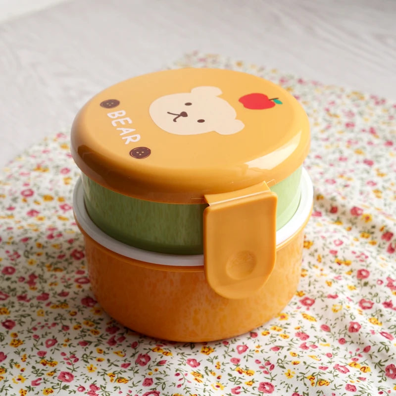 Cute Animal Lunch Box Japanese Double-layer Round Mini Bento Box Children's Fruit Box Snack Box Microwave Kids Lunch Box 540ml