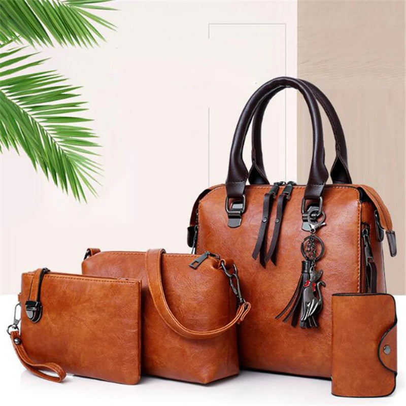 Women Composite Tassel Bag Luxury Leather Purse Handbags Famous Brands Designer Top-Handle Female Shoulder Bag 4pcs/set