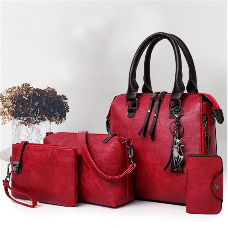 Women Composite Tassel Bag Luxury Leather Purse Handbags Famous Brands Designer Top-Handle Female Shoulder Bag 4pcs/set