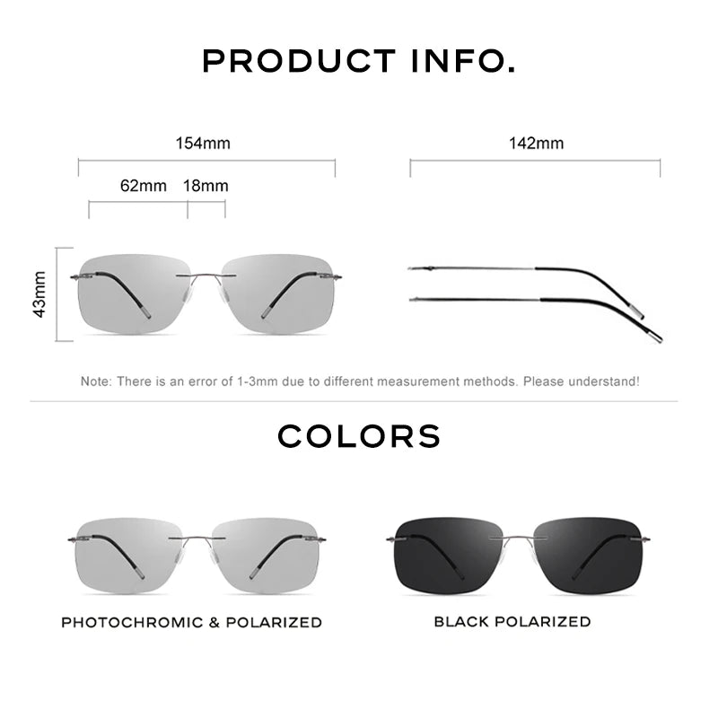 CAPONI Square Sun Glasses For Men Photochromic Polarized Rimless Sunglasses Classic Design High Quality Eyewear UV400 BS7467