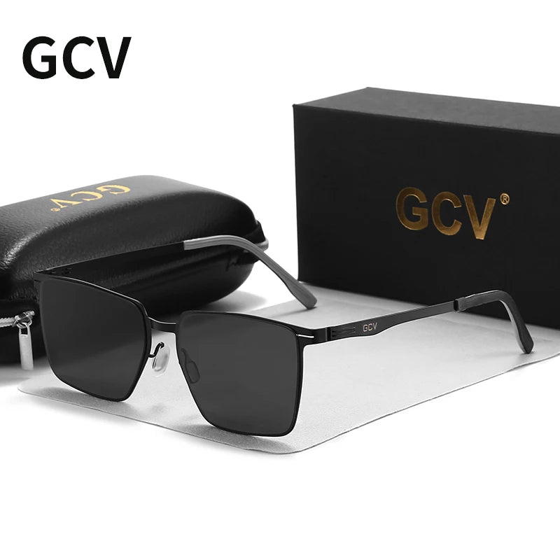 GCV Men Polarized Sunglasses Aluminum Magnesium Sun Glasses Driving Glasses Rectangle Shades For Men UV400