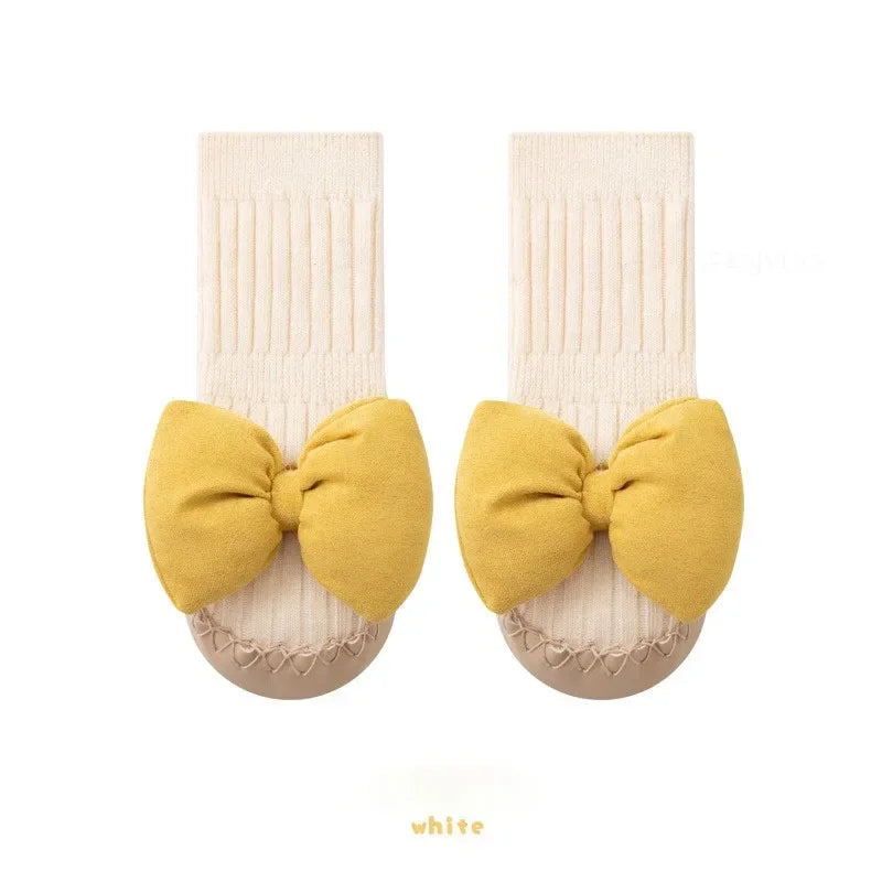 Autumn Baby Bow Middle Tube Socks Shoe Girls Princess Anti Slip Floor Shoes Soft Soled Children Toddler Shoes Kids First Walkers