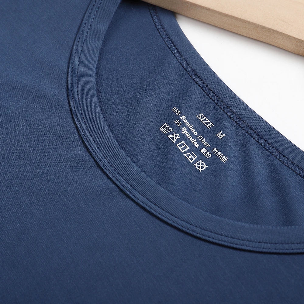 95% Bamboo Fiber Viscose Undershirt Men Short Sleeve Tshirt Summer New Navy Blue Man Clothing Solid Tops Tees Round Neck 2025