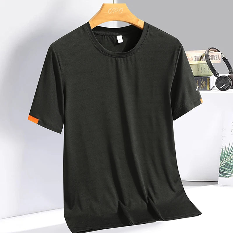 Men's Summer Ice Silk T-shirt Sweatshirt Round Neck Simple Running Fitness Suit Thin Breathable Quick Drying T