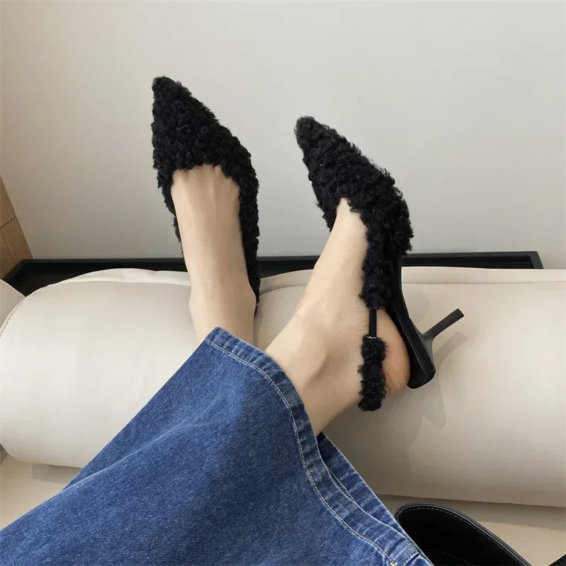 High Heel Plush Slides Woman Fashion Elegant Pointed Toe Lamb Hair Slippers Ladies Luxury Plush Evening Party Pump Shoes 2024