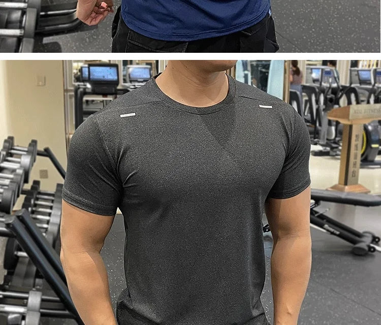 Summer Running Gym Men Shirt Short Sleeve Tees Elastic Tight Fit Sports Training Fitness Quick Dry Spandex Ice Silk T Shirt