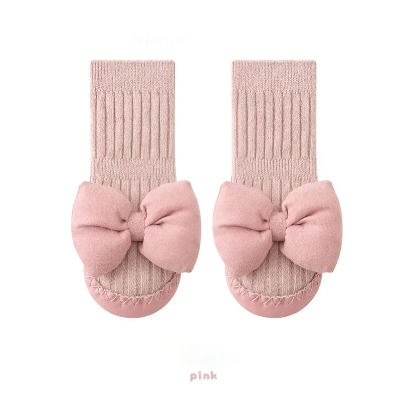 Autumn Baby Bow Middle Tube Socks Shoe Girls Princess Anti Slip Floor Shoes Soft Soled Children Toddler Shoes Kids First Walkers