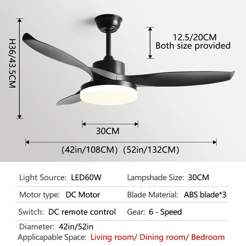 52Inch 3 ABS Blade DC 35W Pure Copper Motor Ceiling Fan With 60W LED Light Support Remote Control Strong winds Electric fans