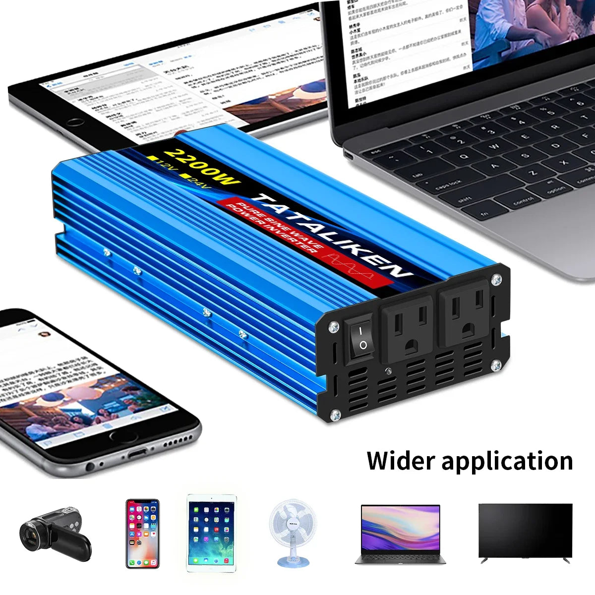 Pure Sine Wave Power Inverter 2200W 12V DC to 110V 60HZ with 2 AC Outlets and LCD Display Suitable For Family Travel and Camping