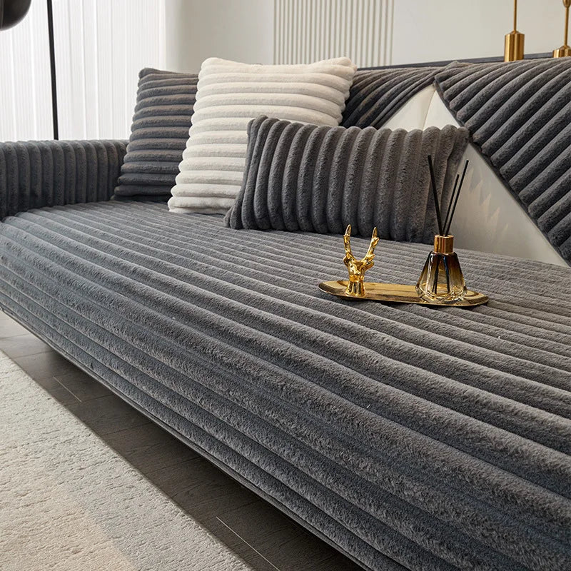 Winter thickened faux rabbit fur sofa cushion, warm seat pad, sofa slipcover for winter