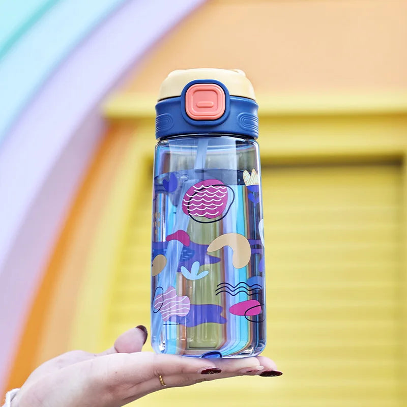 550ml Cute Kids Water Bottle with Straw Outdoor Portable Leakproof Plastic Water Cup Portable Drinking Bottle Cup Children