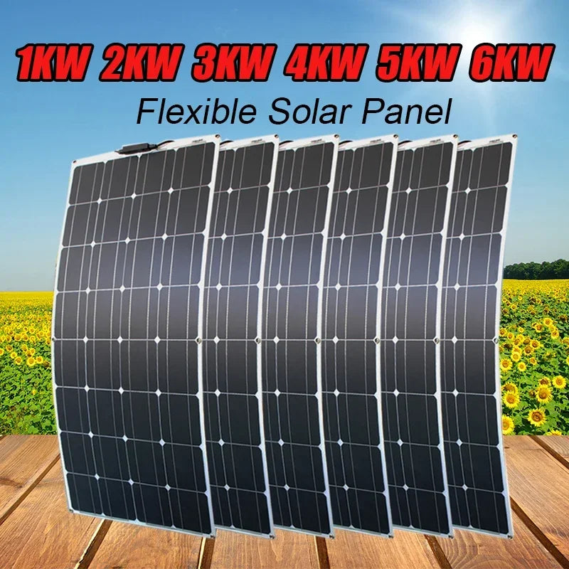 6000W-1000W 12V Flexible Solar Panel Kit - Waterproof Monocrystalline for RV Roofs/Camping/Off-Grid Power
