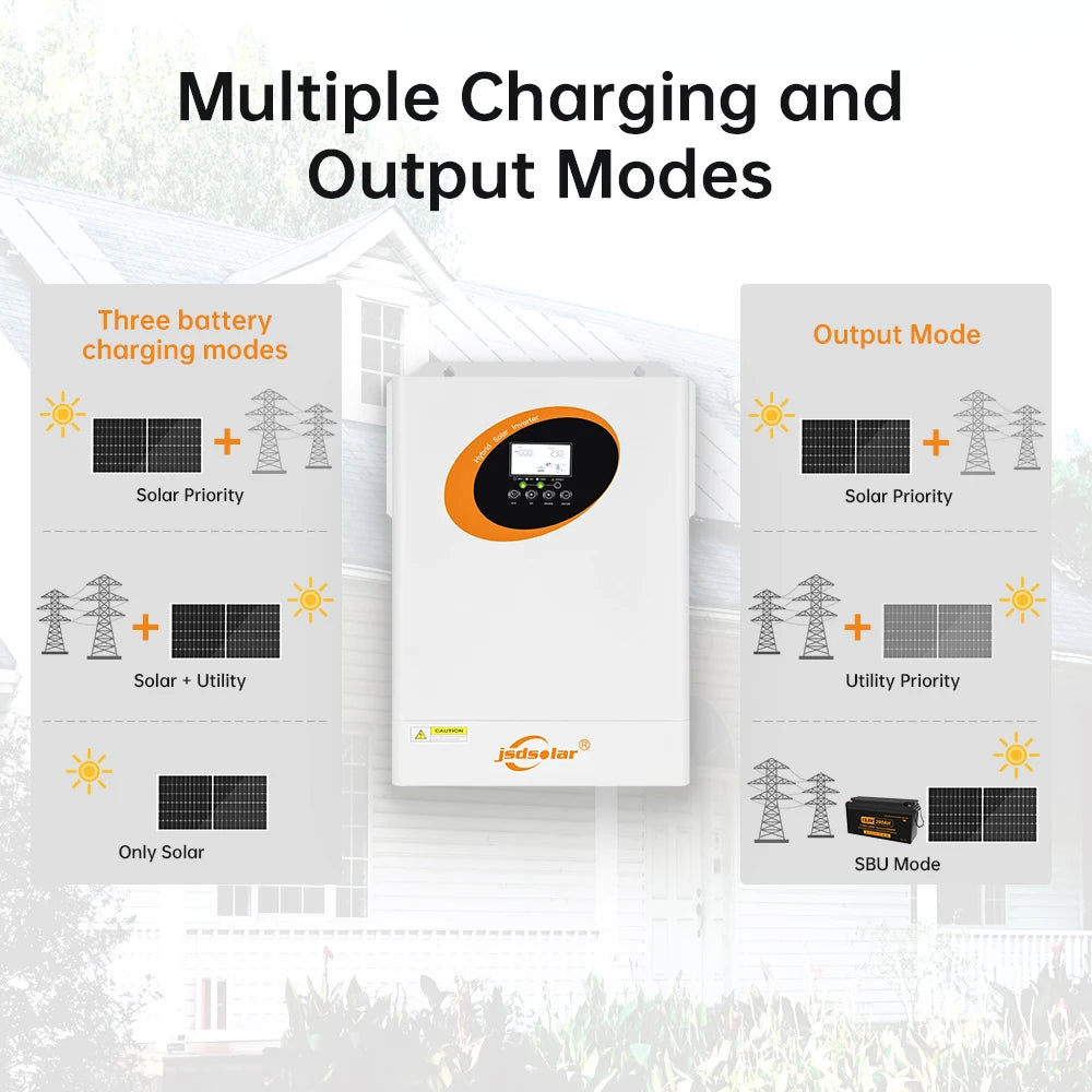 jsdsolar 6.2KW 48V Hybrid Solar Inverters 230VAC On/Off Grid Pure Sine Wave MPPT 120A Solar Charge Controller PV 500V For Home
