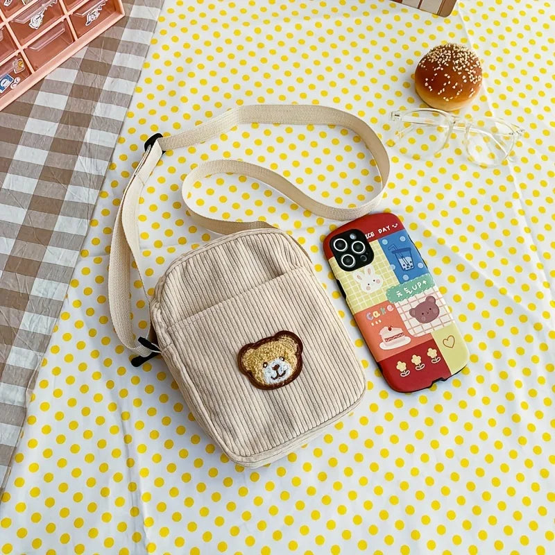 Girls Portable Corduroy Bear Phone Crossbody Bag, Mobile Phone Coin Purse, Fashionable Cross Small Bag, Corduroy Mini Bag Bolsos