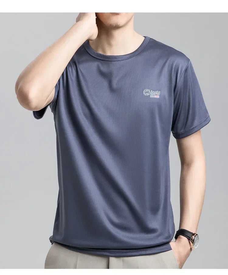 Summer Ice Silk T-shirt Men's Cold Short Sleeve O-neck Stretch Quick-drying Breathable Sports Shirt T Shirt Men