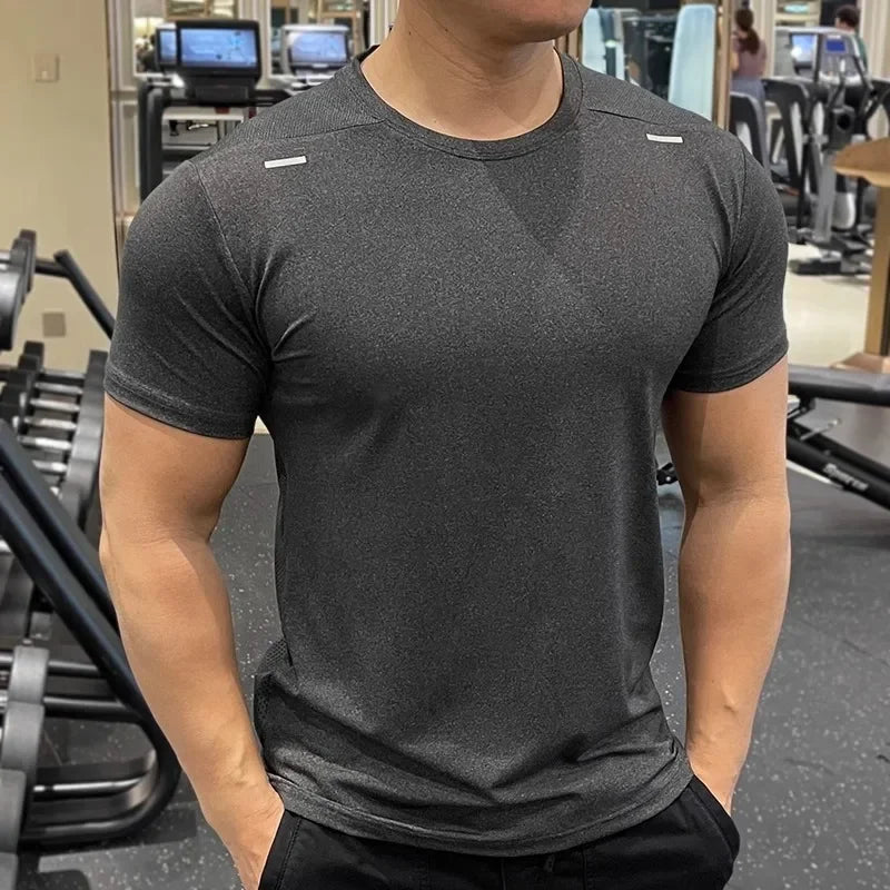 Summer Running Gym Men Shirt Short Sleeve Tees Elastic Tight Fit Sports Training Fitness Quick Dry Spandex Ice Silk T Shirt