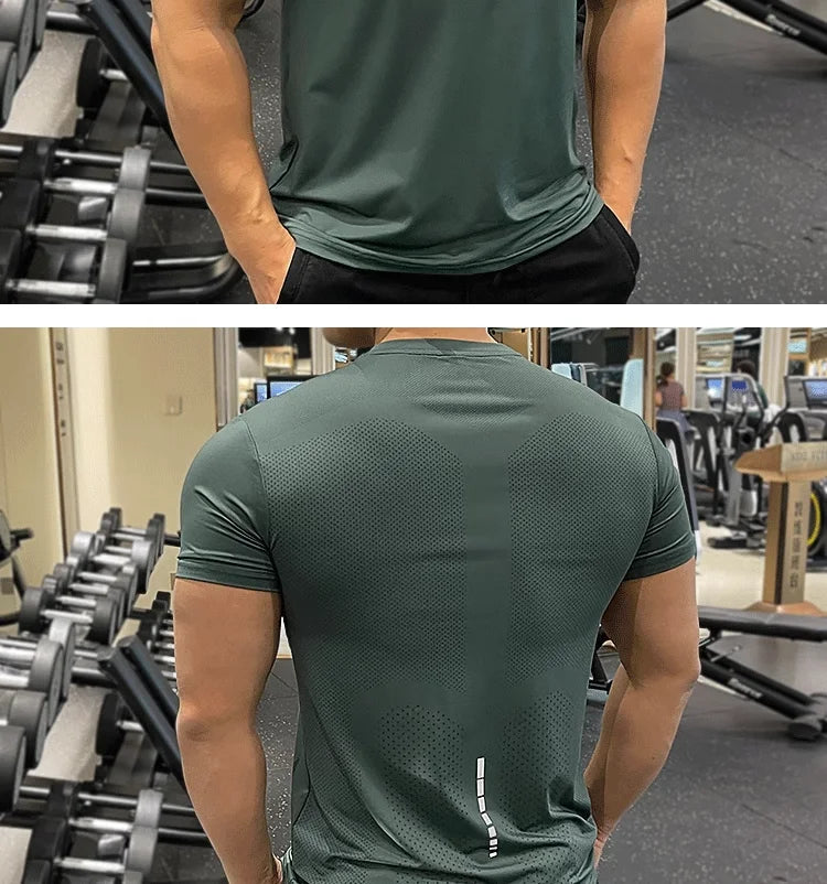 Summer Running Gym Men Shirt Short Sleeve Tees Elastic Tight Fit Sports Training Fitness Quick Dry Spandex Ice Silk T Shirt