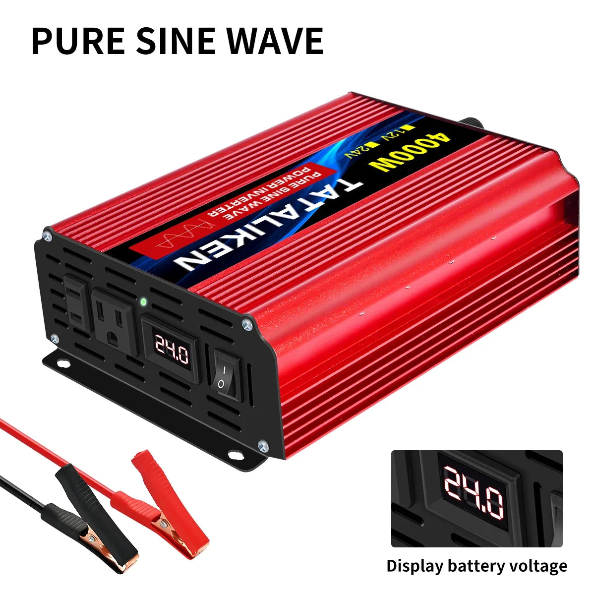 Pure Sine Wave Power Inverter 2200W 12V DC to 110V 60HZ with 2 AC Outlets and LCD Display Suitable For Family Travel and Camping