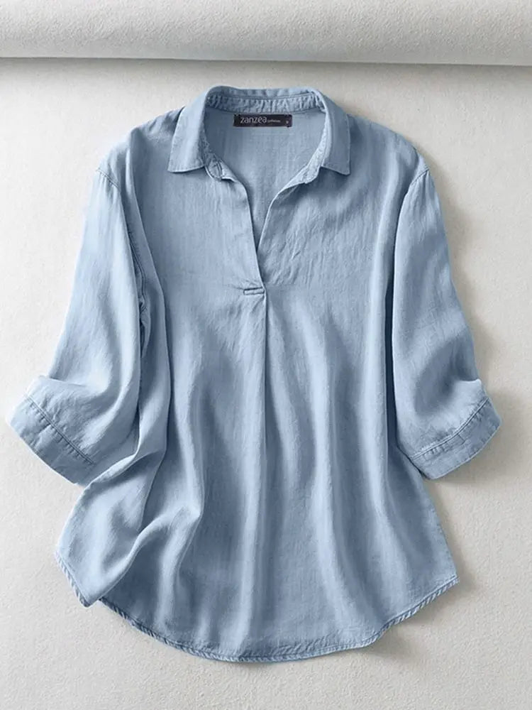 ZANZEA Casual Women Blusas Mujer Solid Summer Elegant Stylish Denim Shirt Lapel Neck Loose OL Work 3/4 Sleeve Blouse Tops Tunic