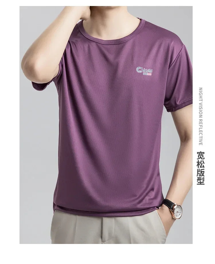Summer Ice Silk T-shirt Men's Cold Short Sleeve O-neck Stretch Quick-drying Breathable Sports Shirt T Shirt Men