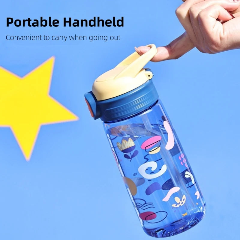 550ml Cute Kids Water Bottle with Straw Outdoor Portable Leakproof Plastic Water Cup Portable Drinking Bottle Cup Children