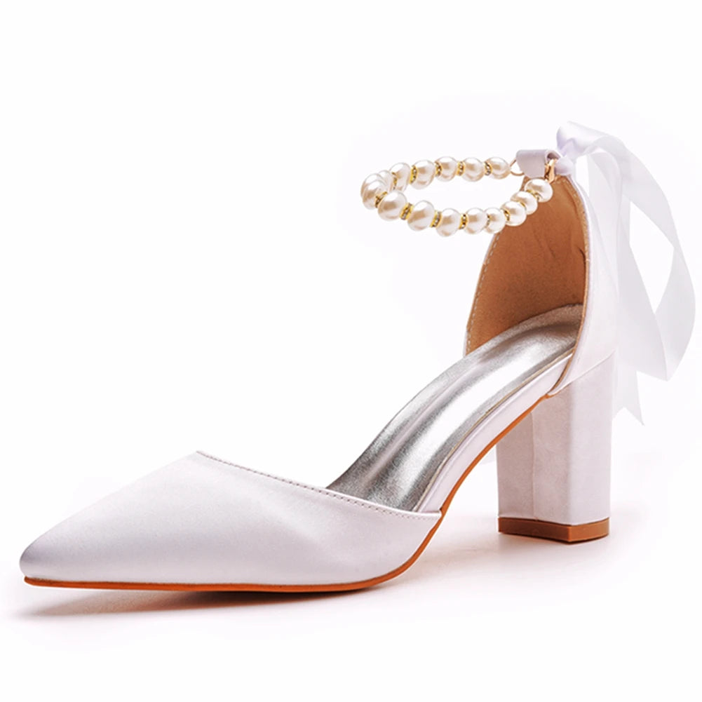 Crystal Queen Fashion Women Sexy Pumps Pointed Toe Buckle Strap Sandals Thick High Heel White Silk Beading Bride Shoes