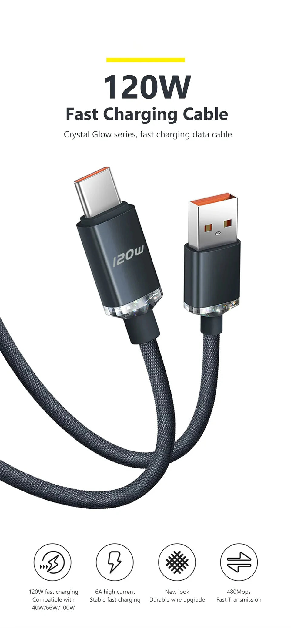 120W 6A Fast Charge USB Type C Quick Charge Cable For Xiaomi Redmi Note 13 14 Pro Huawei Phone Fast Charging Cable Data Cables