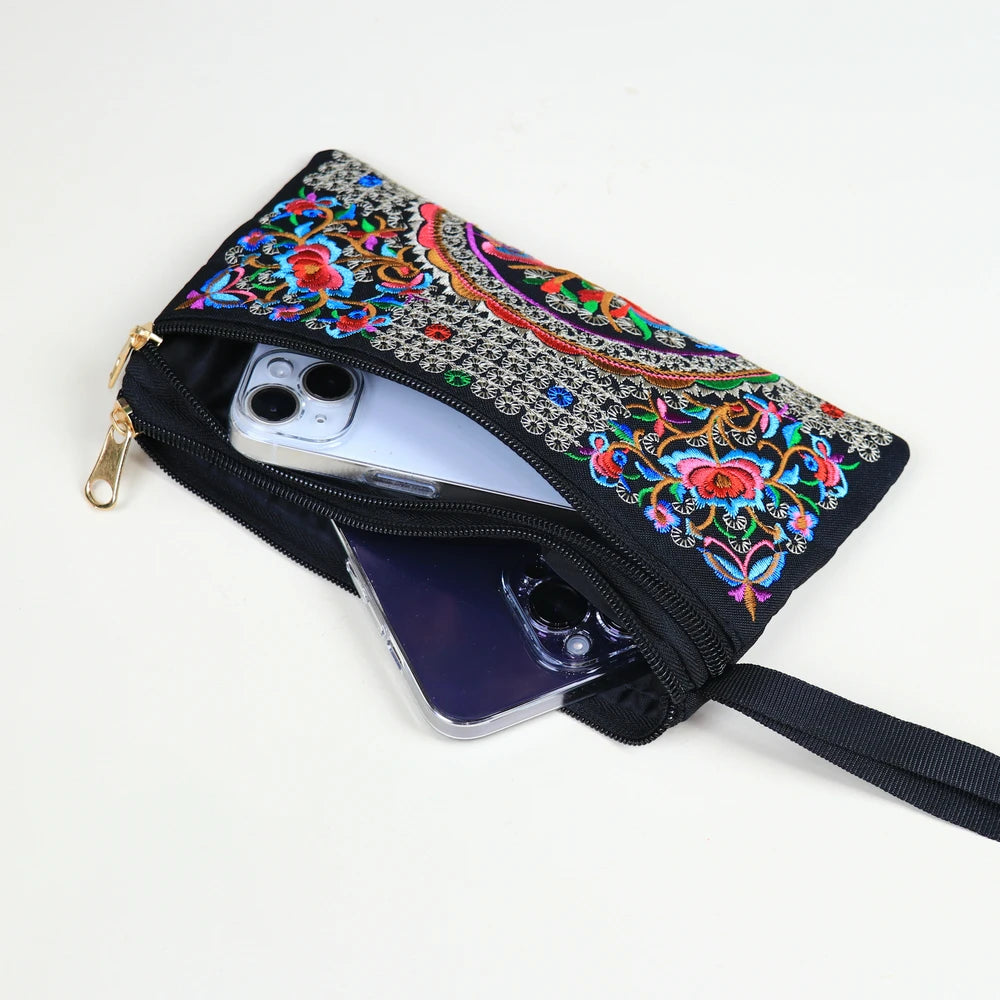 Ethnic style embroidered handbag, mobile phone bag, coin purse, fashionable and casual ladies