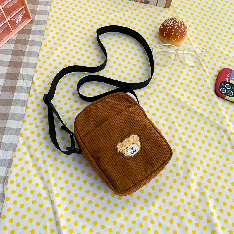 Girls Portable Corduroy Bear Phone Crossbody Bag, Mobile Phone Coin Purse, Fashionable Cross Small Bag, Corduroy Mini Bag Bolsos