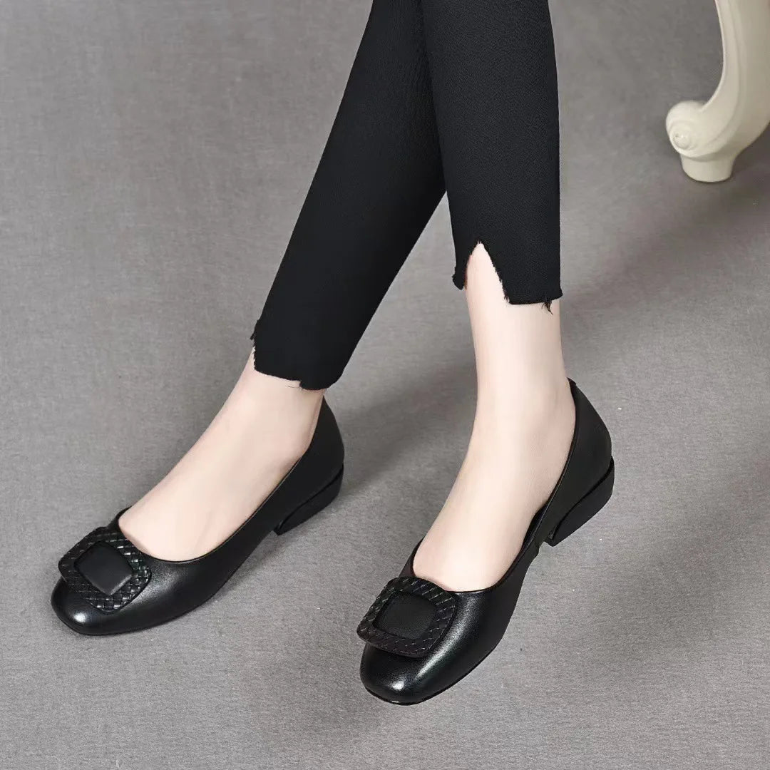 Soft Pu Leather Women's Low Heel Shoes Shallow Mouth All-match Comfortable Pumps Thick Heels Ladies Work Small Leather Shoes