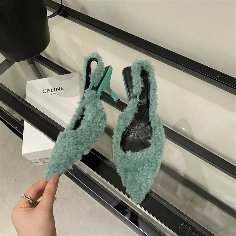 High Heel Plush Slides Woman Fashion Elegant Pointed Toe Lamb Hair Slippers Ladies Luxury Plush Evening Party Pump Shoes 2024