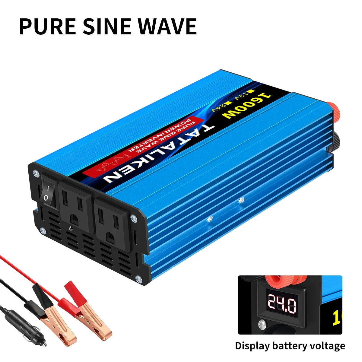 Pure Sine Wave Power Inverter 2200W 12V DC to 110V 60HZ with 2 AC Outlets and LCD Display Suitable For Family Travel and Camping