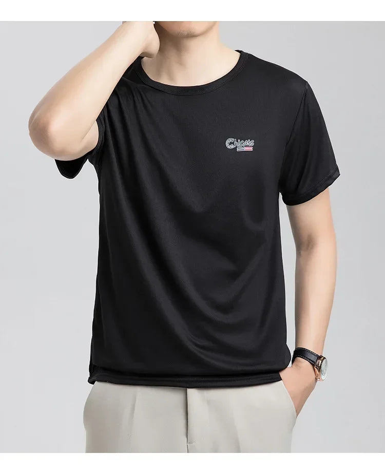 Summer Ice Silk T-shirt Men's Cold Short Sleeve O-neck Stretch Quick-drying Breathable Sports Shirt T Shirt Men