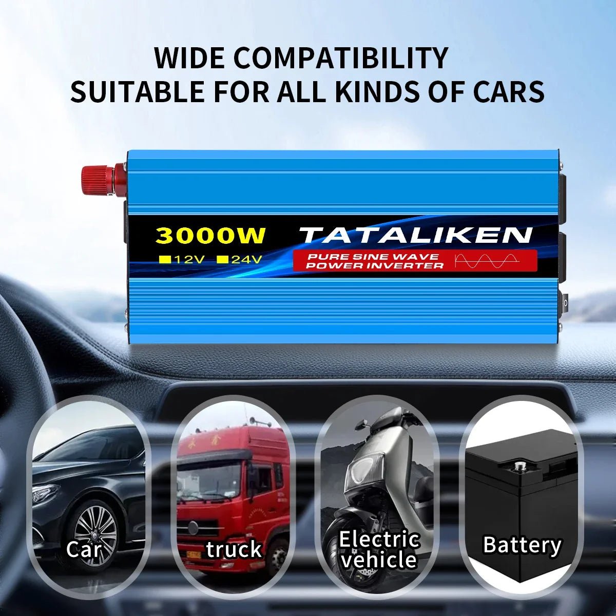 Pure Sine Wave Power Inverter 2200W 12V DC to 110V 60HZ with 2 AC Outlets and LCD Display Suitable For Family Travel and Camping