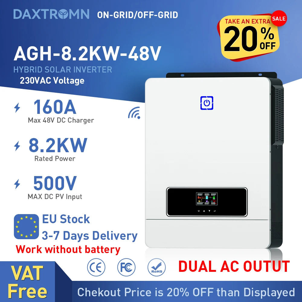 Daxtromn 6200W/4200W Hybrid Solar Inverter 6.2kw MPPT 120A 500VDC PV Input 220VAC 24VDC 48VDC 4.2kw 6.2kw Hybrid Solar Inversor