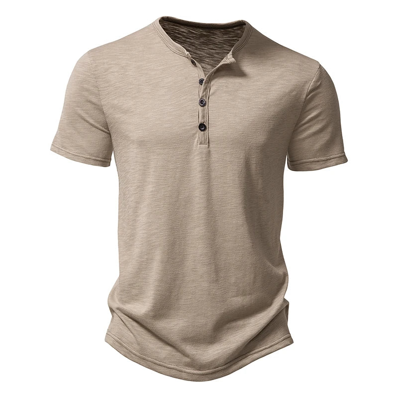 Henley Collar Summer Men's Casual Solid Color Short Sleeve T Shirt For Men Fashion Button Polo Male High Quality Top Tees Shirts