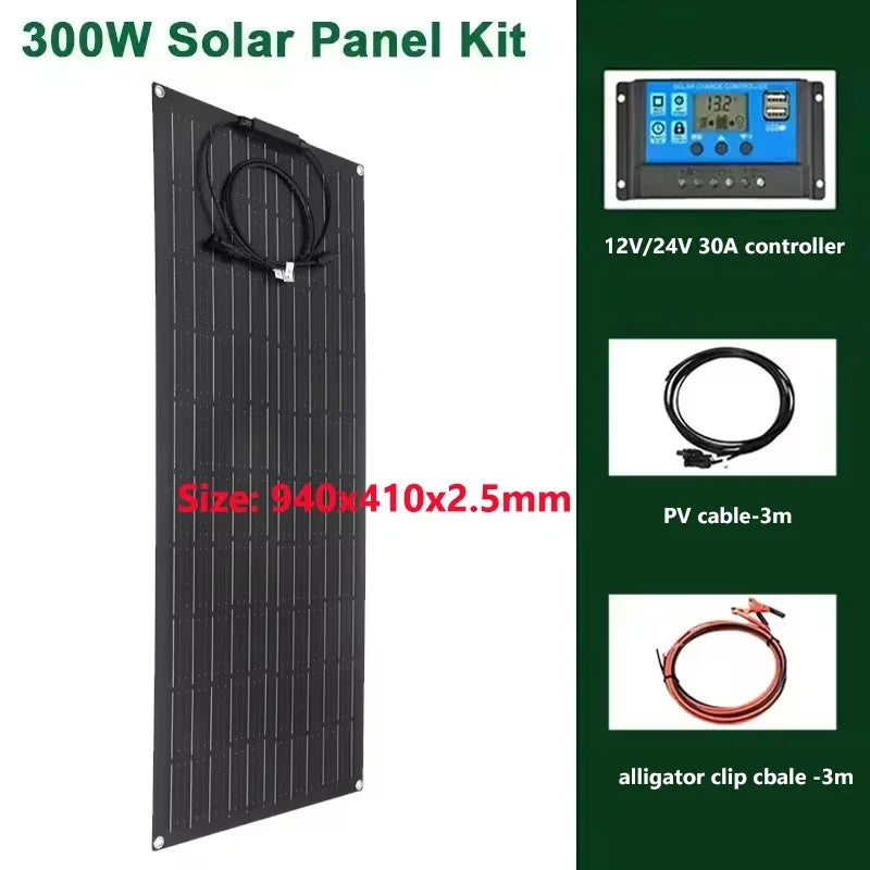 300W 600W Flexible Solar Panel 12V 24V Solar Charge Battery Kit with 30A/60A Controller for Camping RV Home Solar Power Bank