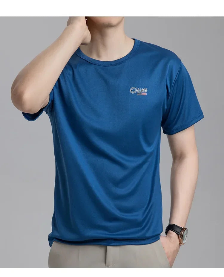 Summer Ice Silk T-shirt Men's Cold Short Sleeve O-neck Stretch Quick-drying Breathable Sports Shirt T Shirt Men