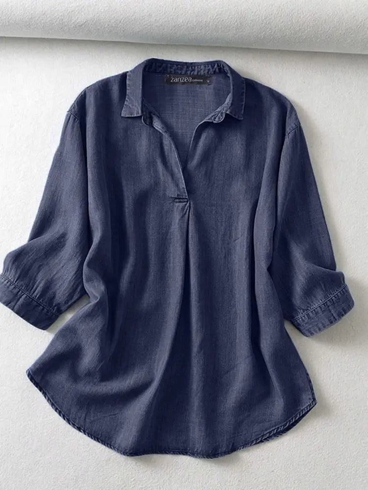 ZANZEA Casual Women Blusas Mujer Solid Summer Elegant Stylish Denim Shirt Lapel Neck Loose OL Work 3/4 Sleeve Blouse Tops Tunic
