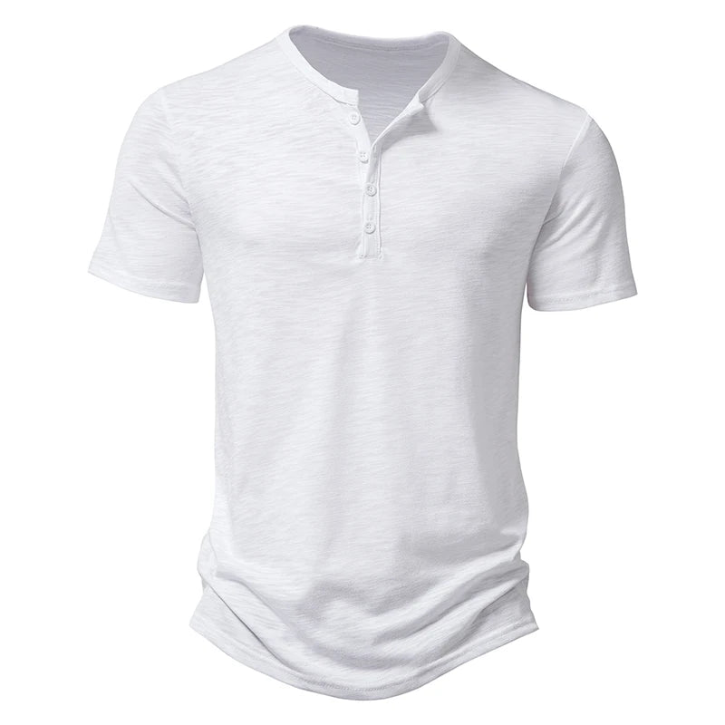 Henley Collar Summer Men's Casual Solid Color Short Sleeve T Shirt For Men Fashion Button Polo Male High Quality Top Tees Shirts