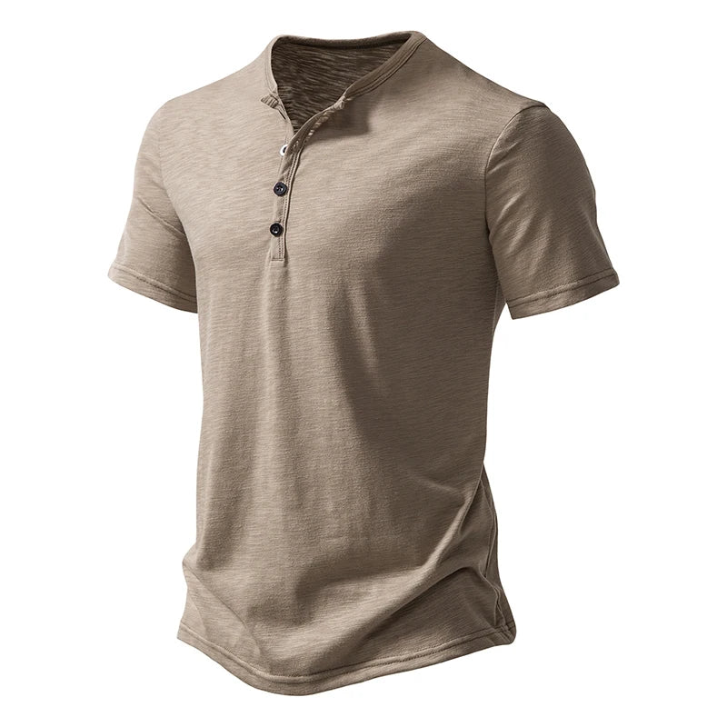 Henley Collar Summer Men's Casual Solid Color Short Sleeve T Shirt For Men Fashion Button Polo Male High Quality Top Tees Shirts