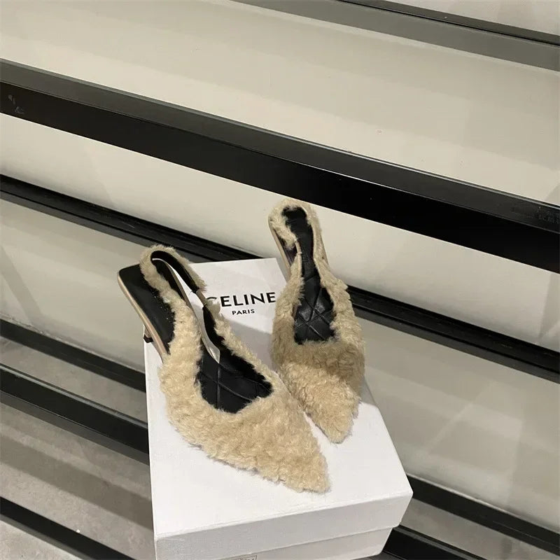 High Heel Plush Slides Woman Fashion Elegant Pointed Toe Lamb Hair Slippers Ladies Luxury Plush Evening Party Pump Shoes 2024