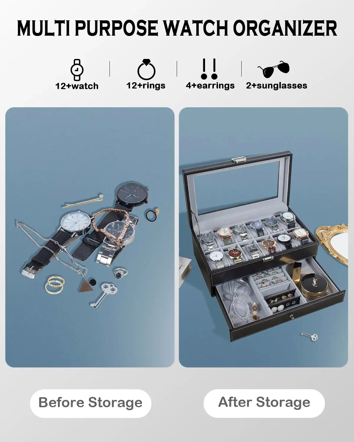 2024 New 12 Slot Leather Lockable Watch Storage Boxes,Men & Women's Jewelry Display Drawer Case, 2-Tier Organizer Watch Showcase