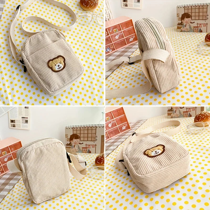 Girls Portable Corduroy Bear Phone Crossbody Bag, Mobile Phone Coin Purse, Fashionable Cross Small Bag, Corduroy Mini Bag Bolsos