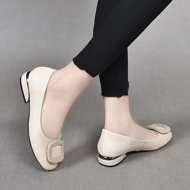Soft Pu Leather Women's Low Heel Shoes Shallow Mouth All-match Comfortable Pumps Thick Heels Ladies Work Small Leather Shoes