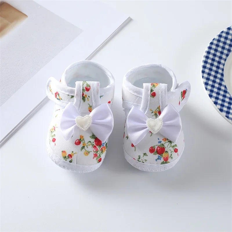 0-18months Baby Girls Flat Shoes Soft Sole Bowknot Flower Print Non-Slip Shoes For Infant Girls Indoor Outdoor First Walkers