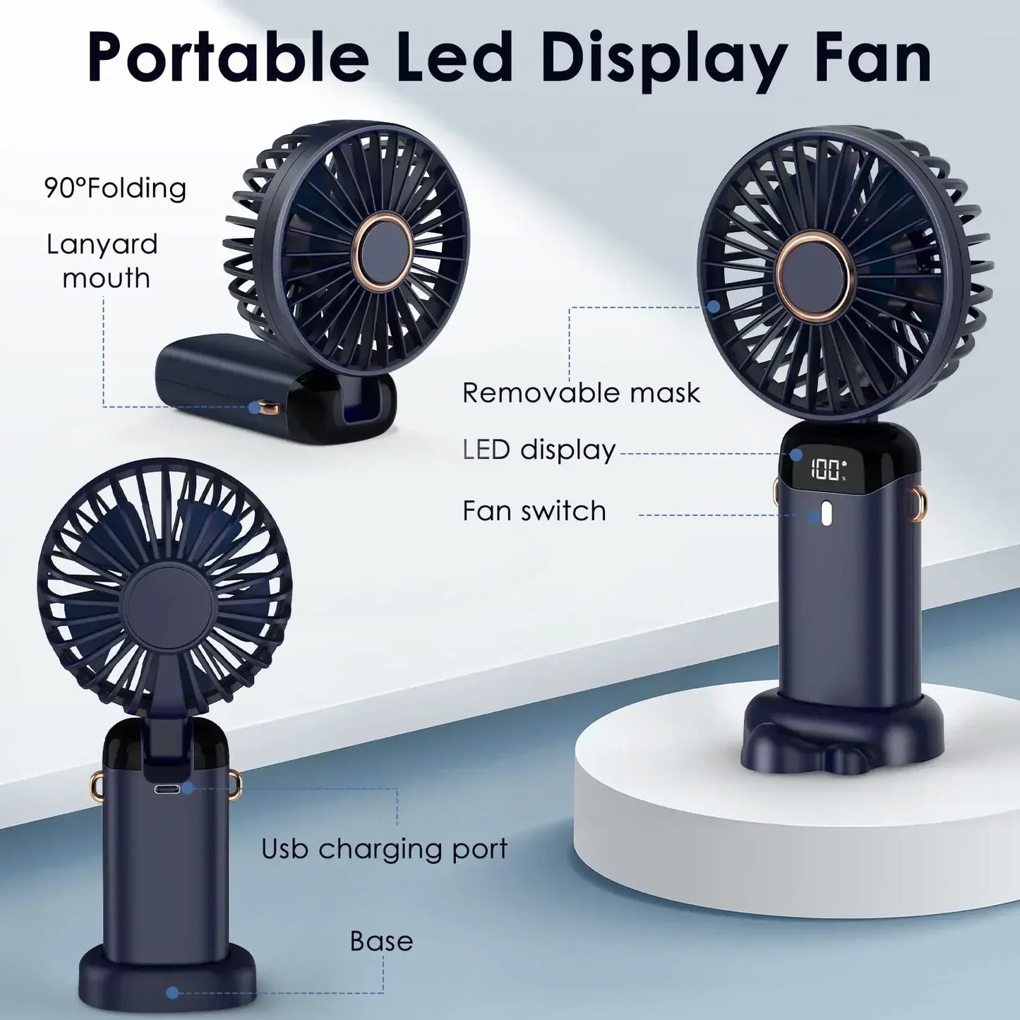 5000mAh Handheld Mini Fan Wireless USB Rechargeable Portable Digital Display Phone Holder Fan 5 Speed Foldable Neck Hanging Fans